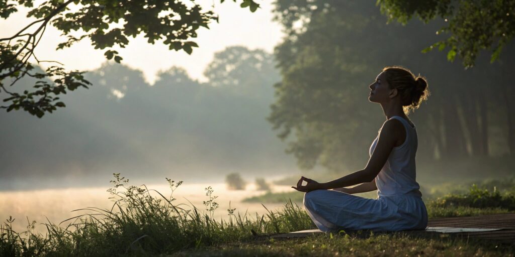 Mujer joven meditando al amanecer