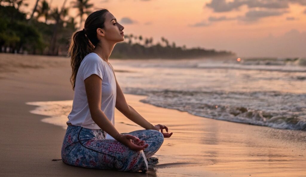 Mindfulness para principiantes 2 Mujer joven meditando al amanecer